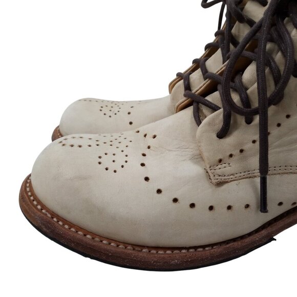 Bed Stu Benchmade Chelsea Lace Up Ankle Boots Size 8 Leather Beige Brogue Combat - Picture 5 of 16